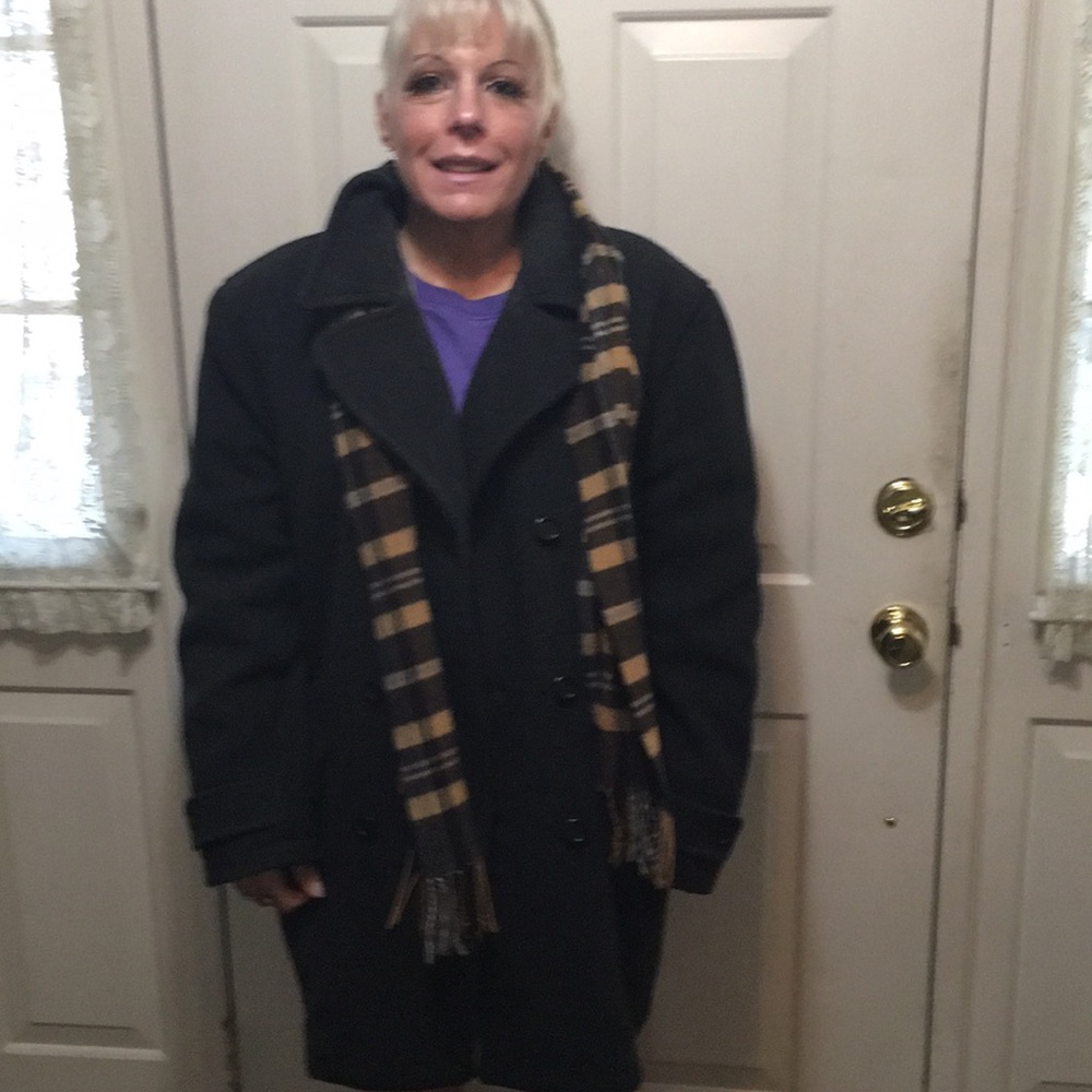 3/$30. NWOT.  Dark grey pea coat with scarf.